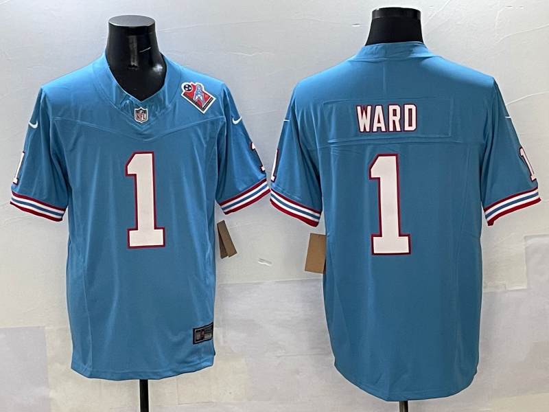 Men's Tennessee Titans Cameron Ward #1 Light Blue 2025 NFL Draft First Round Pick Jersey